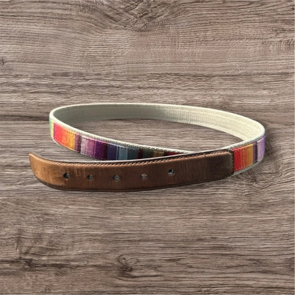 Duluth Trading Co Leather & Fabric Belt Men's Size 48 Brown Striped‎